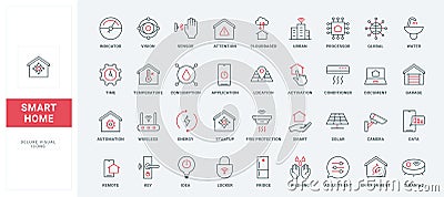 Smart home thin black and red line icons set, automation system pictograms collection Vector Illustration