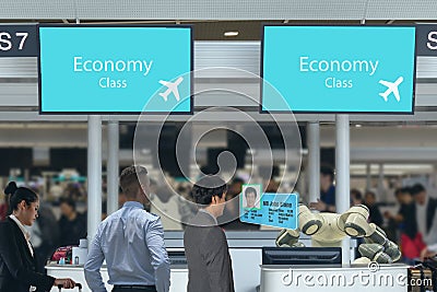 Smart hotel in hospitality industry 4.0 concept, the receptionist robot robot assistant in counter check in airports use artif Stock Photo