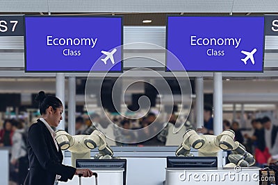 Smart hotel in hospitality industry 4.0 concept, the receptionist robot robot assistant in counter check in airports always welcom Stock Photo