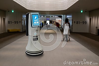 Smart hotel in hospitality industry 4.0 concept, the receptionist robot robot assistant in lobby of hotel or airports always w Stock Photo