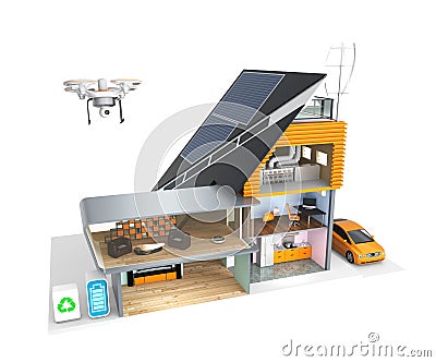 Smart house with energy efficient appliances, solar panels and wind turbines Stock Photo