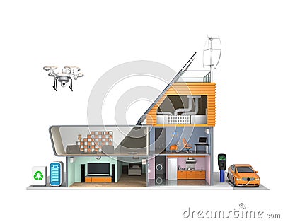 Smart house with energy efficient appliances, solar panels and wind turbines Stock Photo