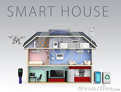 Smart house with energy efficient appliances. With text Stock Photo