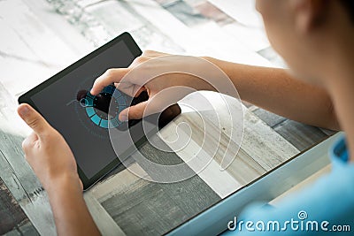 smart house, home automation, device with app icons. Man uses his smartphone with smarthome . Stock Photo