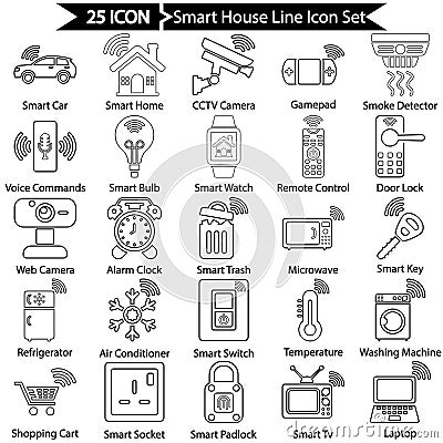 Smart House Icon Set In Outline Style Vector Illustration