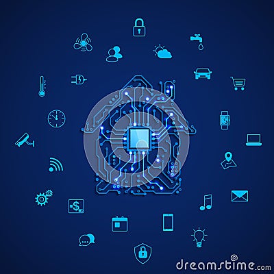 Smart house or IOT concept. Remote control smart house. House circuit and smart home appliance icons. Vector illustration on blue Vector Illustration