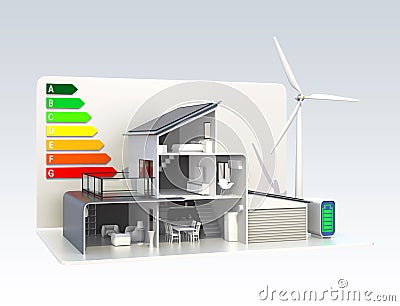 Smart house with solar panel system,energy efficient chart Stock Photo