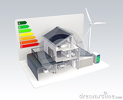 Smart house with solar panel system, energy efficient chart Stock Photo