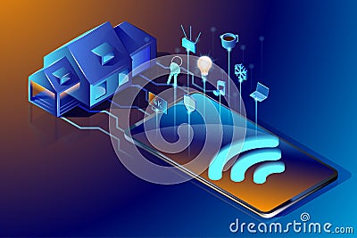 Smart house technology. Isometric vector illustration. Abstract design concept of the home automation system. Vector Illustration