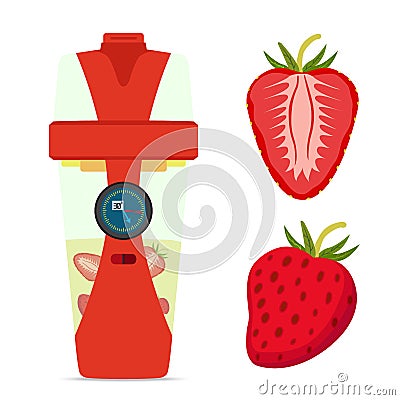 Smart hydrate bottle with strawberry, nutrition smoothie drink. Vector Illustration