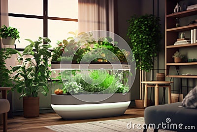 Smart indoor garden system. Growing your own herbs and greenery in apartment. Close-up. Generative Ai content Stock Photo