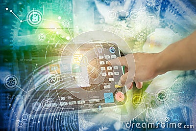 Smart industry 4.0, automation and user interface concept: user connecting with a tablet and exchanging data Stock Photo