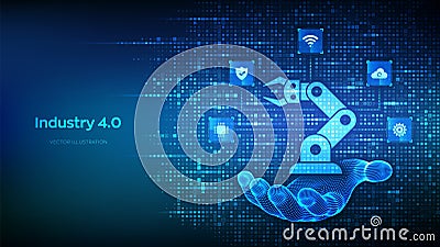 Smart Industry 4.0 icon made with binary code in hand. Factory automation. Autonomous industrial tech icons connections. Vector Illustration