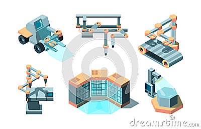 Smart industry isometric. Machine future robotic technologies computing 3d remote production vector pictures set Vector Illustration