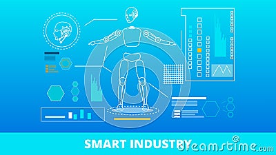Smart Industry Lettering Banner and Robot with AI Vector Illustration