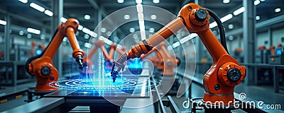 Smart industry robots automate manufacturing process in digital factory. IOT software manages operations. Orange robot arms work Stock Photo