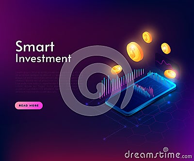 Smart Investment illustration concept with isometric realistic high detailed phone and 3d coins. Neon glow, modern style Vector Illustration