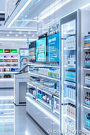 Smart IoT integration, Futuristic retail environment with digital displays, automated checkout, and smart IoT integration. Stock Photo