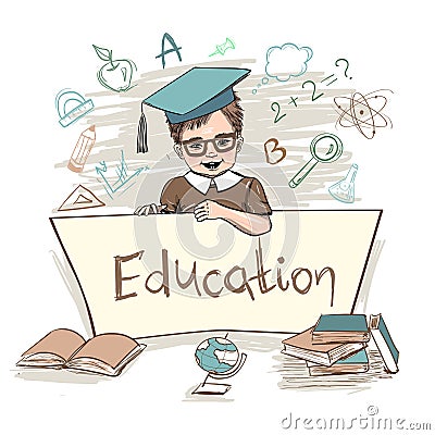 Smart kid holding board education Vector Illustration
