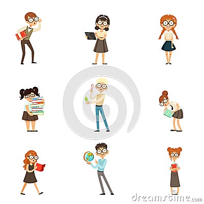 Smart kids with books set. Vector Illustration