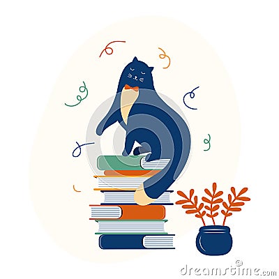 Smart kitten is a literary fan. Funny cartoon cat sits on a stack of books. Hand drawn happy animal character. Cat likes to read. Cartoon Illustration