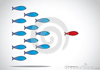 Smart leadership and happy group of fish following leader with closed eyes - concept design illustration inspiring leader Cartoon Illustration