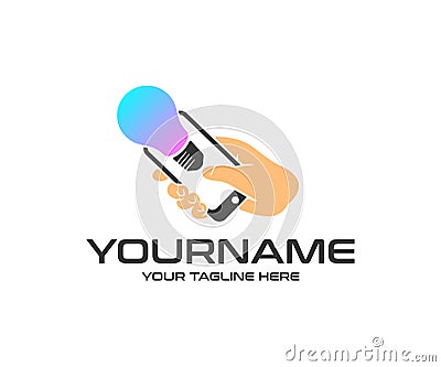 Smart lighting and smart home, hand holds smartphone and light bulb, logo design. Man holds smartphone controlling lights in house Vector Illustration