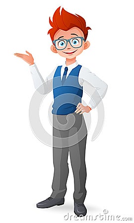 Smart little boy with glasses and finger point up having an idea. Vector illustration. Vector Illustration