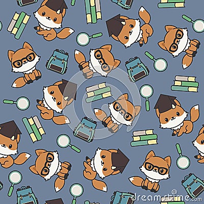 Smart little foxes with school supplies seamless pattern Vector Illustration