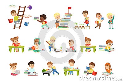 Smart little kids reading books set, cute preschool children learning and studying vector Illustrations on a white Vector Illustration