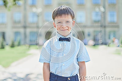 Smart little schoolboy in shirt and butterfly Stock Photo