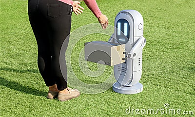 Smart logistic concept with delivery assistant robot send parcel box Stock Photo