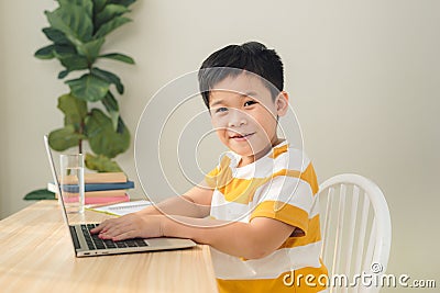 Smart looking Asian preteen boy writing and using computer laptop studying online lessons Stock Photo