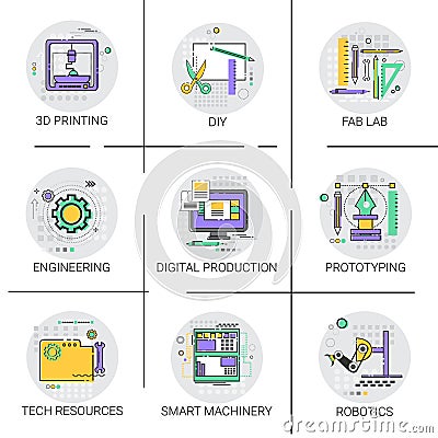 Smart Machinery Industrial Automation Production Icon Set, 3d Printing Tech Resources Fab Lab Collection Vector Illustration