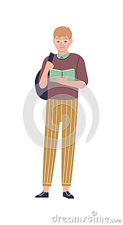 Smart man with book. Male character in glasses with backpack read, student boy study knowledge, schoolboy with textbook Vector Illustration