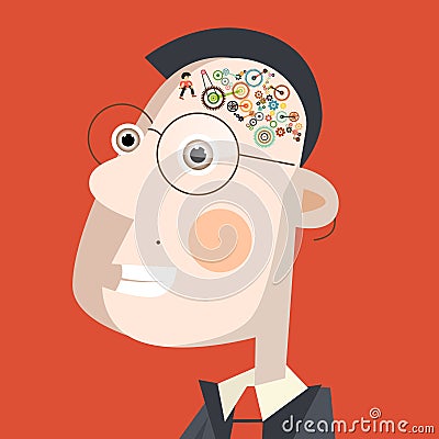 Smart Man with Cogs - Gears in Brain Vector Illustration