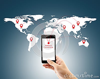 Smart man holding telephone with world social media network connection Stock Photo