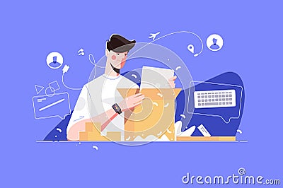 Smart man unpacking big parcel Vector Illustration