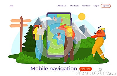 Smart map for tourist, travel with smartphone, inscription mobile navigator, GPS help, show, design flat style vector Vector Illustration