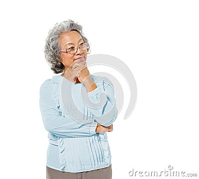 Smart Mature Asian Woman Thinking Stock Photo