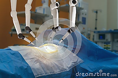 Smart medical health care concept, surgery robotic machine use allows doctors to perform many types of complex procedures with mor Stock Photo