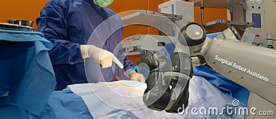 Smart medical technology concept,advanced robotic surgery machine at Hospital, robotic surgery are precision, miniaturisation, sma Stock Photo