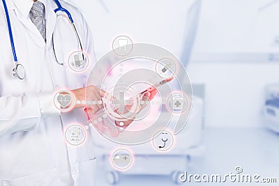 Smart medicine doctor using automation app on digital tablet in Stock Photo