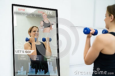 Smart Mirror Workout And Exercise Class Stock Photo