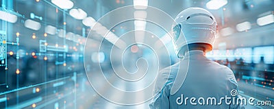 Smart motorcycle helmet production line, AI-powered assembly, technicians monitoring data streams, German precision engineering, Stock Photo
