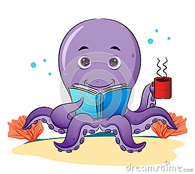 The smart octopus is reading the book and enjoy the coffee Vector Illustration