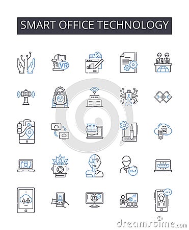 Smart office technology line icons collection. Responsive web design, Advanced algorithms, Digital marketing, Cloud Vector Illustration