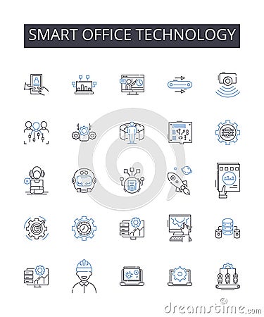 Smart office technology line icons collection. Responsive web design, Advanced algorithms, Digital marketing, Cloud Vector Illustration