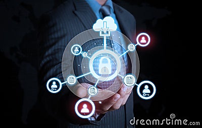 Smart one hand holding world futuristic connection Lock technology Stock Photo