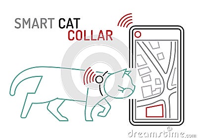 Smart pet collar icon. Cat tech gadgets poster. Cartoon Illustration